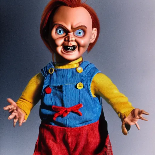 Image similar to Chucky the killer doll from the movie Child's Play being held by Mr. Rogers 8k hdr