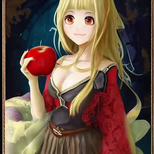 Image similar to isekai masterpiece by liya nikorov, zeronis, sciamano 2 4 0, and airi pan. of a girl holding an apple