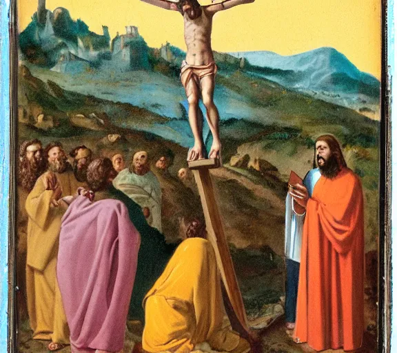 Prompt: color film still of jesus christ taking a selfie at his own crucifixion