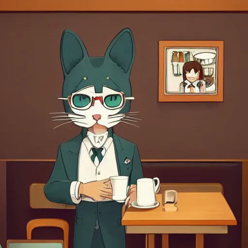 Prompt: a highly detailed portait of a cute little anthropomorphic cat barista wearing a suit in a modern coffee shop by studio ghibli, tiny, small, cute and adorable, pretty, beautiful, character art portrait, matte painting, Artstation