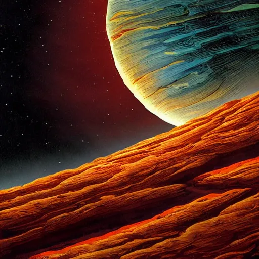 Prompt: alien planetscape illustrated by don dixon