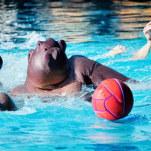 Image similar to hippopotamuses playing water polo against athletes. sports photograph.