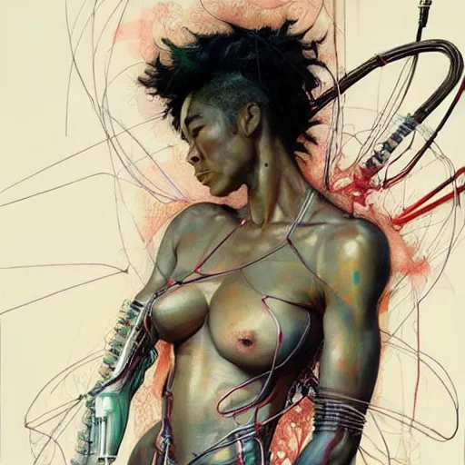 Prompt: angela bassett cyberpunk dreaming, wires cybernetic implants, in the style of adrian ghenie, esao andrews, jenny saville,, surrealism, dark art by james jean, takato yamamoto