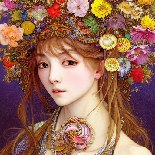 Prompt: a masterpiece ultrarealistic ultradetailed portrait of beautiful love, jewelry genius, witch girl on fruits street market baroque renaissance. medium shot, intricate, elegant, by stanley artgerm lau, wlop, alphonse mucha, rossdraws, andrei riabovitchev, yoshitaka amano. flower background my james jeand and takashi murakami.