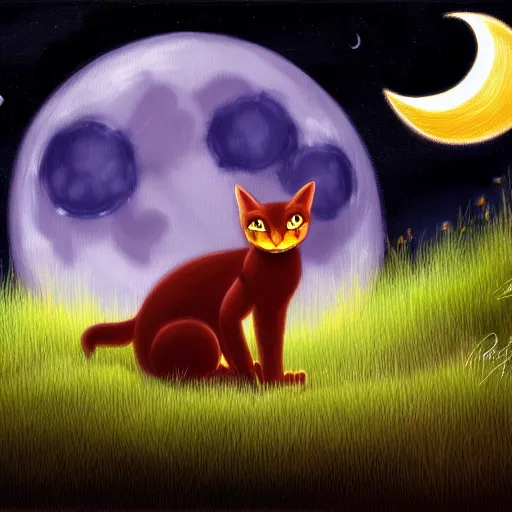 Image similar to Firestar and Ravenpaw sitting next to each other looking into the Moon, Warrior cats, Back side view, Erin Hunter, wholesome, high detail, forest scenery, Moon view, illustration of 2 cats, trending on artstation, beautiful Paintings