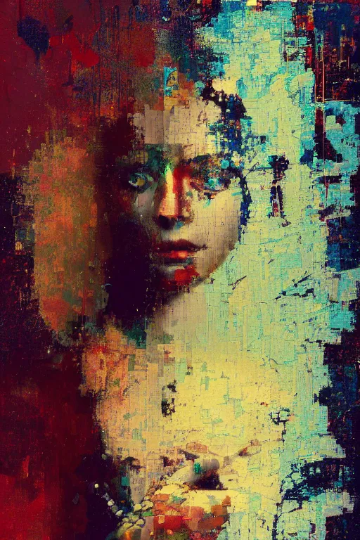 Image similar to a beautiful glitched painting by robert proch of a woman in a glitched bathroom, metal rust and plaster materials, pixel sorting, color bleeding, brushstrokes by jeremy mann, still life, dark colors