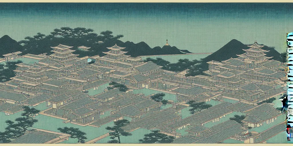 Prompt: an elder chinese space city by kawase hasui. hd