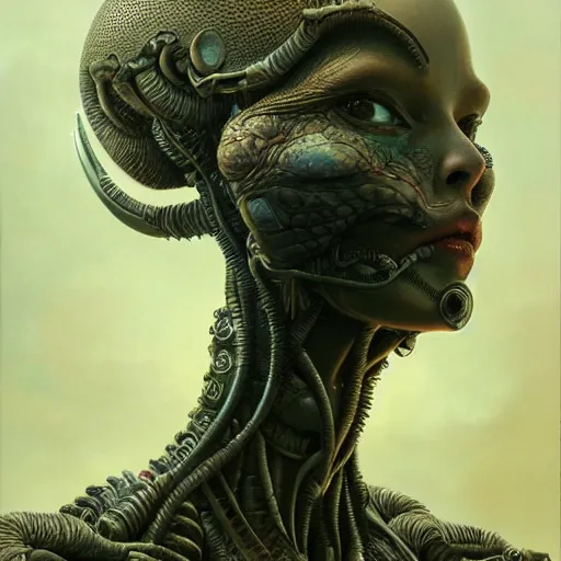 Prompt: ultra realist intricate detailed painting of an attractive alien female and alien male, full body, curvy, black scales and cyborg tech, very intricate details, focus, artstyle Beksiński and Hiraku Tanaka and Tom Bagshaw, award winning