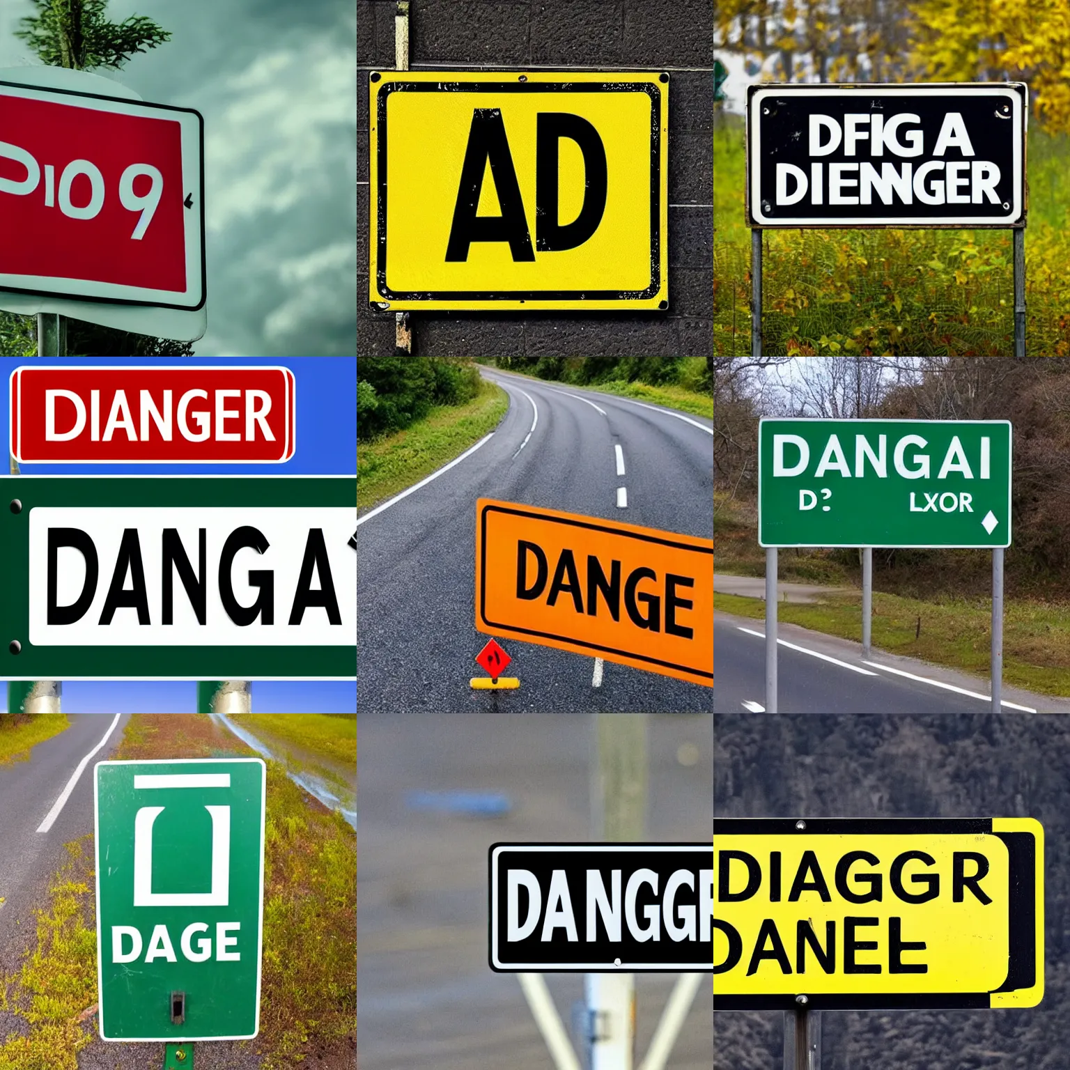 Prompt: photo of a road sign that has a single word DANGER on it, in English, spelled correctly as D-A-N-G-E-R