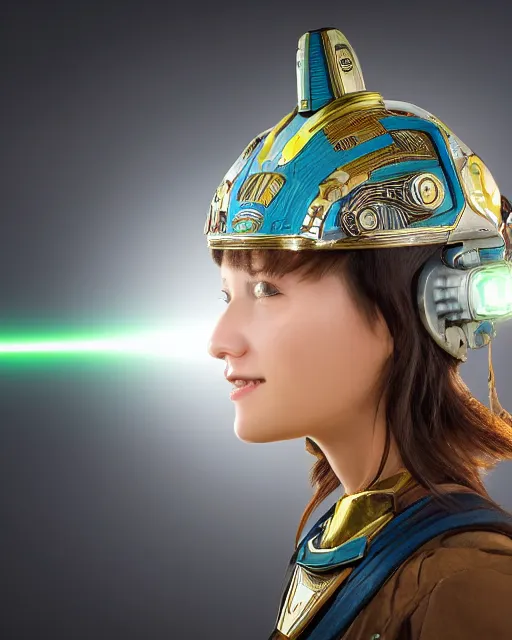 Prompt: centered medium shot fine studio photograph of a young woman wearing only a solarpunk mecha Mayan helmet with bright lights, ultra-realistic, white background, 8k HDR, intricate