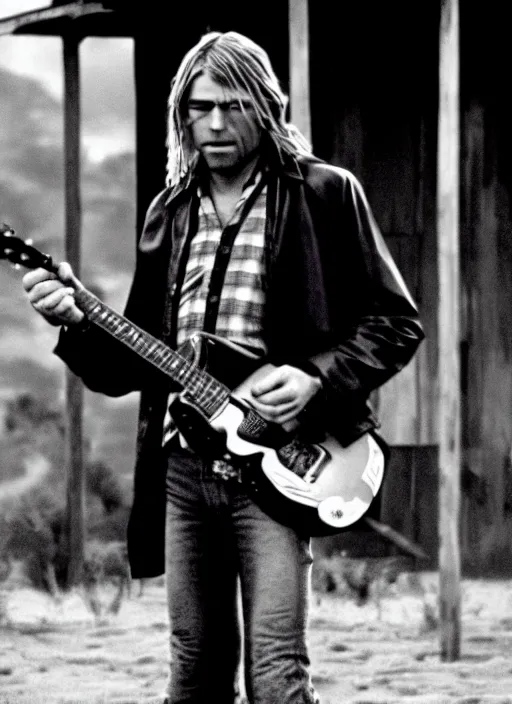 Image similar to film still of kurt cobain as clint eastwood in the movie a fist full of dollars, full-shot, 4k