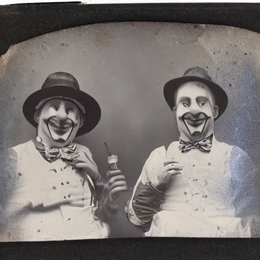 Image similar to tintype photo of two clowns drinking