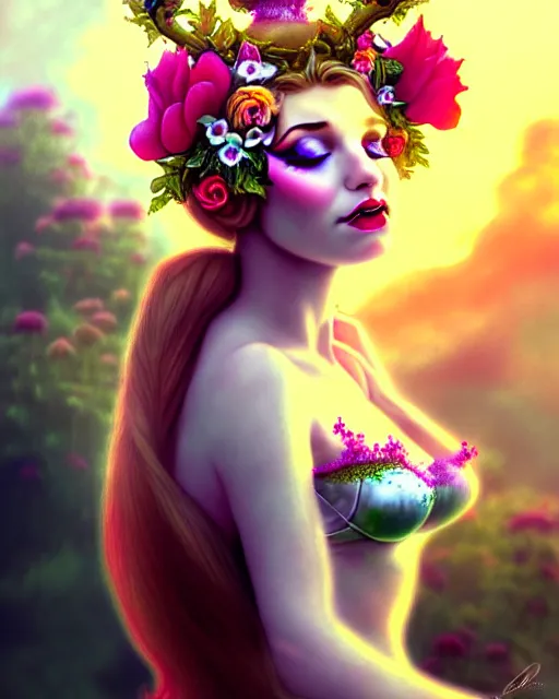 Image similar to burlesque elf, flowers in hair, fantasy character portrait, soft clouds, floral sunset, ultra realistic, concept art, intricate details, art nouveau, cinematic, highly detailed