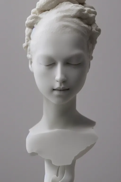 Prompt: full head and shoulders, beautiful female porcelain sculpture by daniel arsham and raoul marks, smooth, all white features on a white background, hair piled high like ice - cream, delicate facial features, white eyes, white lashes, detailed white,