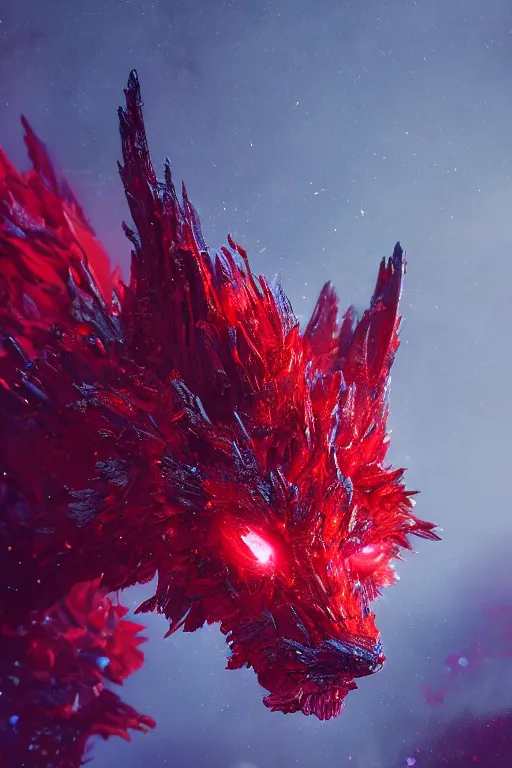 Image similar to A fancy portrait of a red crystalized beast by Greg Rutkowski, beeple, Sung Choi, Mitchell Mohrhauser, Maciej Kuciara, Johnson Ting, Maxim Verehin, Peter Konig, final fantasy, macro lens, 35mm, 8k photorealistic, cinematic lighting, HD, high details, dramatic, dark atmosphere, trending on artstation