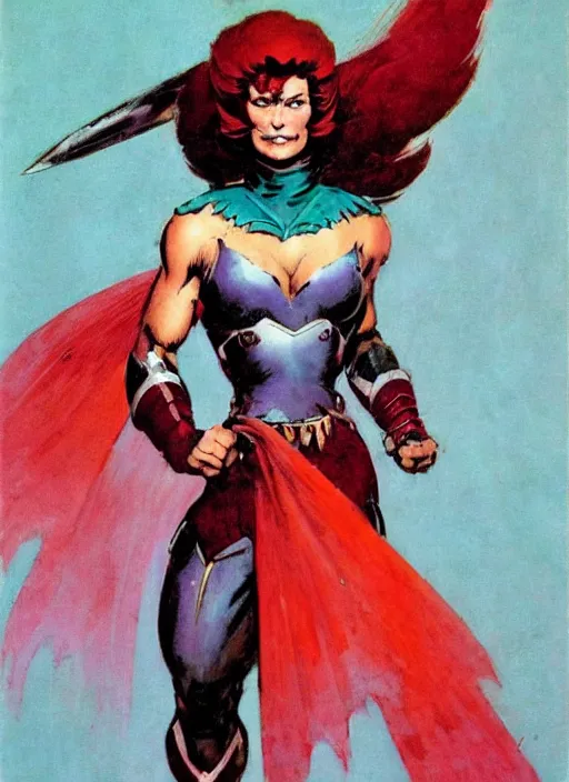 Prompt: portrait of angelic female guardian, vibrant teal and maroon hair, silver armor, strong line, vibrant color, dynamic pose, beautiful! coherent! by frank frazetta, high contrast, minimalism