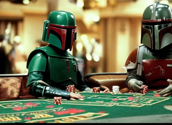 Image similar to film still of Boba Fett gambling in vegas in the Phantom Menace 1999