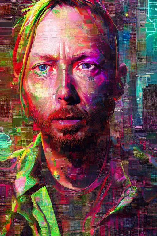 Prompt: A portrait of Thom Yorke as a cyberpunk, iridescent highlights, background of digital greebles, highly detailed, intricate, soft, sci-fi, sharp focus, glowing lines, art by Ruan Jia