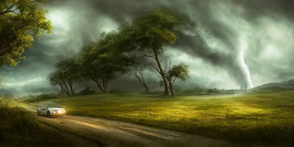 Image similar to A tornado in a beautiful scenic landscape, nature, trees, wide angle, super highly detailed, professional digital painting, artstation, concept art, smooth, sharp focus, no blur, no dof, extreme illustration, Unreal Engine 5, Photorealism, HD quality, 8k resolution, cinema 4d, 3D, beautiful, cinematic, art by artgerm and greg rutkowski and alphonse mucha and loish and WLOP