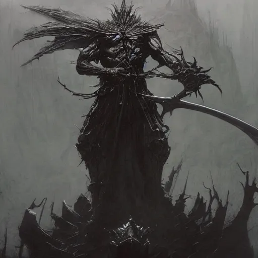 Image similar to corvus glaive concept, beksinski, age of sigma art, ruan jia, dark soul armor concept, trending on artstation, wayne barlowe, adrian smith fantasy art, elden ring art, the hobbit art, lord of the ring art, infinity blade armor