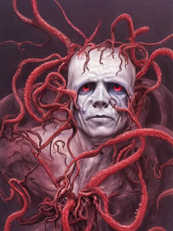 Image similar to painting by wayne barlowe of a flying sorrowful looking human head with tears running down it's eyes, face that is chalk white in color, with long sprawling white tentacles stemming down it's neck, fiery scorching red eyes, flying in a terrying hellish dark cavernous place