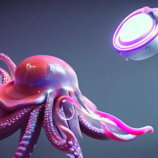 Prompt: a stunning rendition of an octopus wearing a space helmet, LED visor, hyperrealistic, octane render, pearlescent skin, floating in space