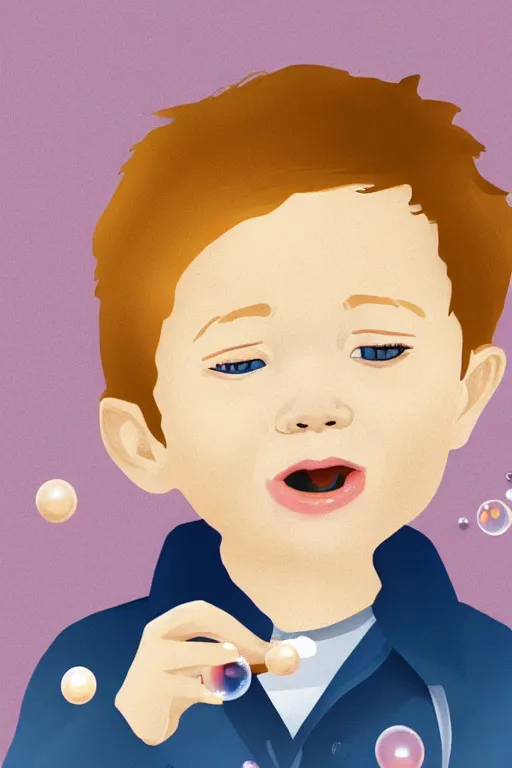 Prompt: a little boy with ginger hair blowing bubbles. clean elegant simple illustration, beautiful detailed face.