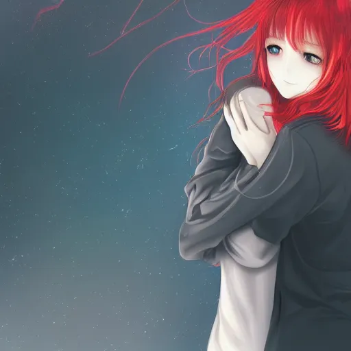 Image similar to infp anime girl with red hair, gratefully hugging the ai, atmospheric, hyper detailed digital art