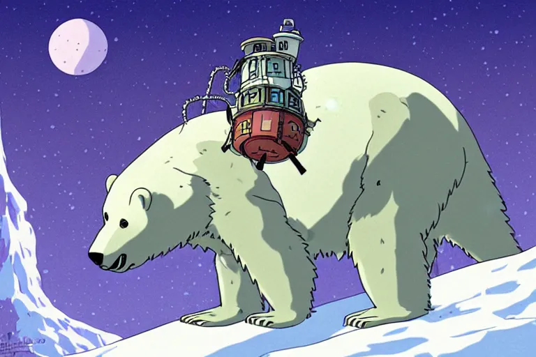 Prompt: cell shaded cartoon of a giant lovecraftian polar bear from howl's moving castle ( 2 0 0 4 ), with a mechanical city on his back as a backpack, on an icy road, full body, wide shot, very muted colors, post grunge, studio ghibli, highly detailed, deviantart, art by artgem