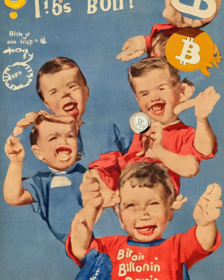 Image similar to 1950s advertisement with a smiling happy toddler boy holding up a coin with the Bitcoin logo using both hands, casual clothing, clear happy smiling face, highly detailed realistic