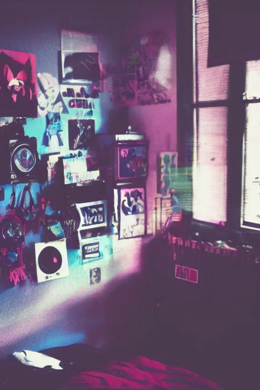 Image similar to agfa vista 4 0 0 photograph of a cluttered 9 0 s teenagers goth punk rock bedroom, synth vibe, vaporwave colors, lens flare, moody lighting, moody vibe, telephoto, 9 0 s vibe, blurry background, grain, tranquil, calm, faded!,