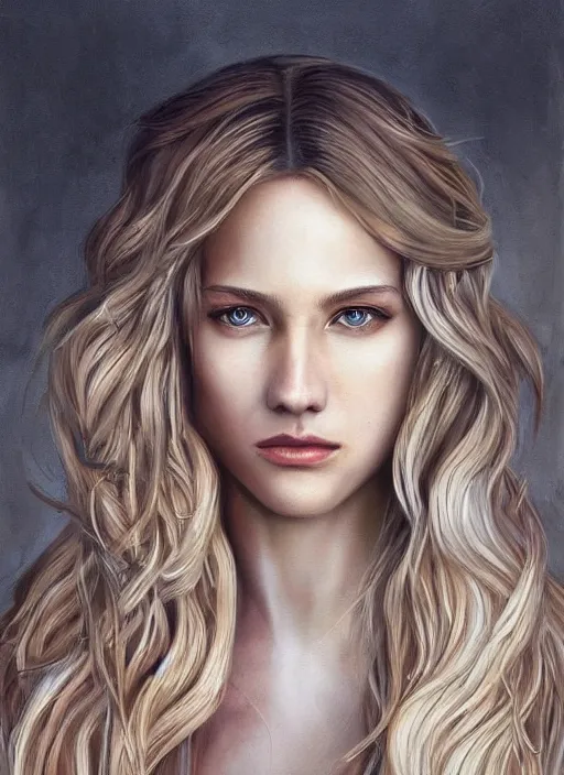 Image similar to a painting of a woman with long blonde hair, a photorealistic painting by magali villeneuve, featured on cgsociety, fantasy art, detailed painting, photorealistic