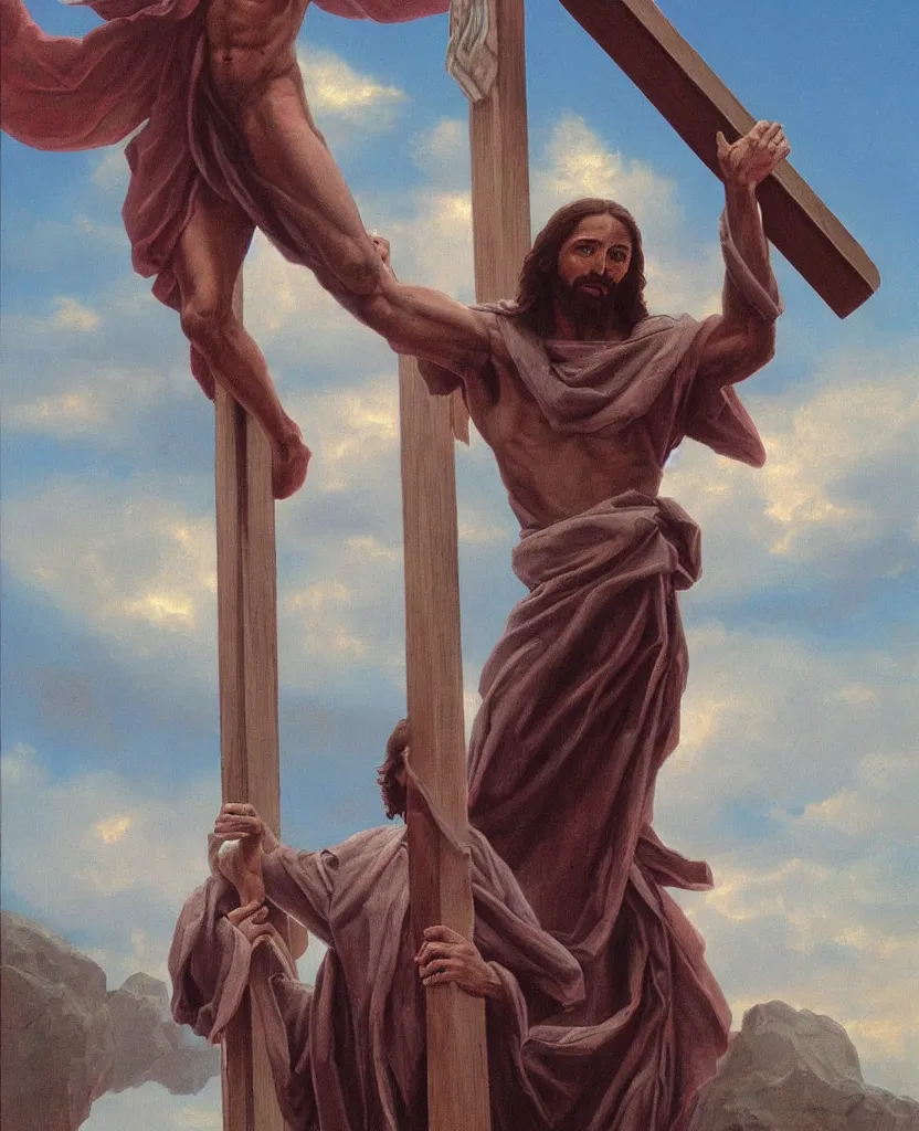 Prompt: painting of Jesus Christ on the Cross, in the style of Wayne Barlowe,