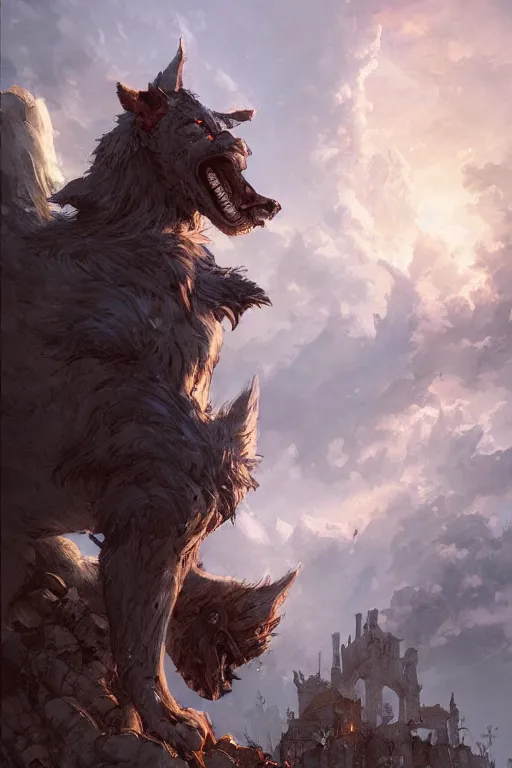 Prompt: a beautiful artwork illustration, fenrir standing over a medieval village, destruction, by Greg Rutkowski and Jesper Ejsing and Raymond Swanland, featured on artstation, wide angle, vertical orientation