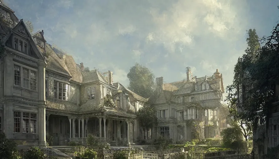 Prompt: portrait of a victorian manor house on a street, courtyard, highly detailed, architecture, sunny, blue sky, cinematic lighting, godrays, volumetric, digital art painting by greg rutkowski