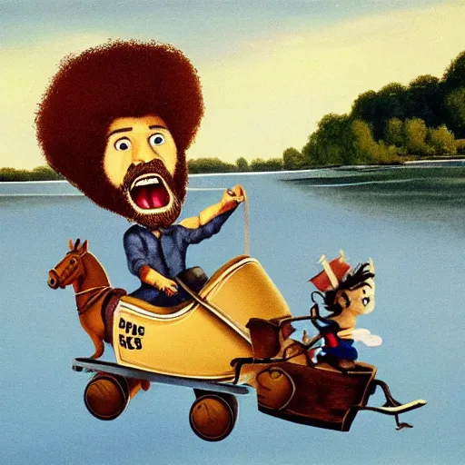 Prompt: bob ross screaming while riding on a rocking horse