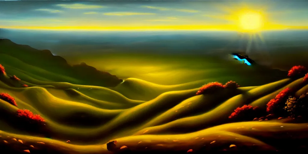 Image similar to a breathtaking landscape from a hilltop, cinematic lighting, detailed oil painting, hyperrealistic, 8k