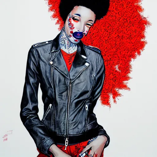 Image similar to james jean artwork of a beautiful girl with an afro and a leather jacket