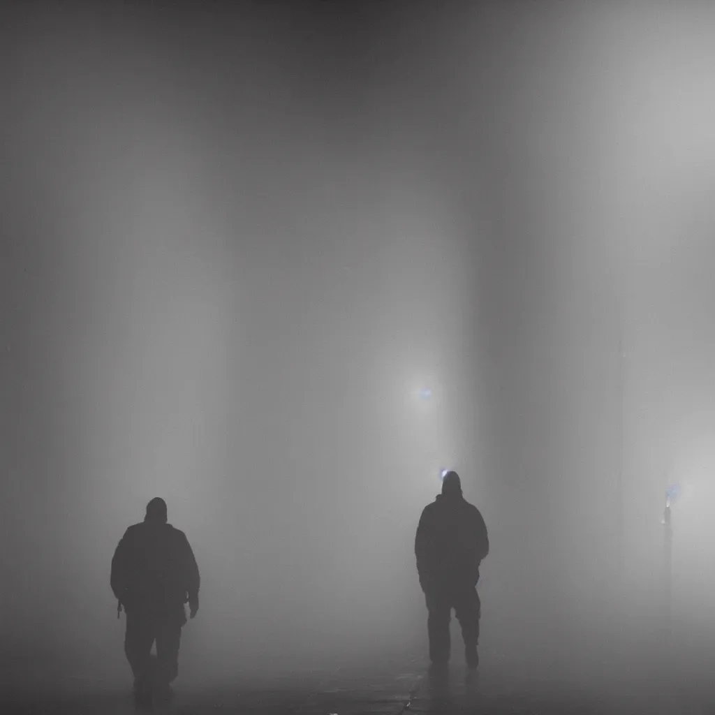 Prompt: a backlit, mostly silhouetted threatening person with long limbs and glowing eyes walks down a long shadowy apartment hallway dragging something behind it, low lying fog swirls at their feet, the ceiling is in darkness, water drips down from above, smoke, gloomy, nightmarish security footage, detailed