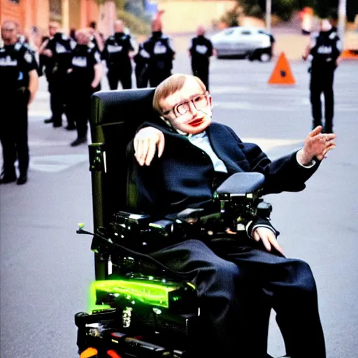 Image similar to stephen hawking in neon street racing and trying to escape police