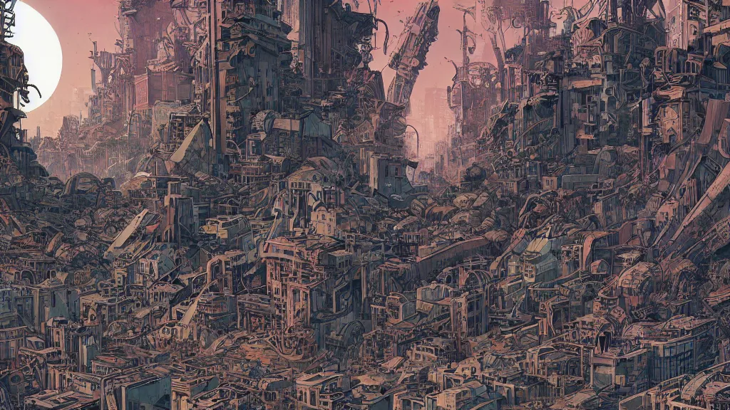 Image similar to very detailed, prophet graphic novel, ilya kuvshinov, mcbess, rutkowski, simon roy, illustration of decrepit arcologies skyline dystopian megacity with space junk floating in the sky on a dead planet earth, nature taking city back, flourishing jungle covering ruins, wide shot, colorful, deep shadows, astrophotography