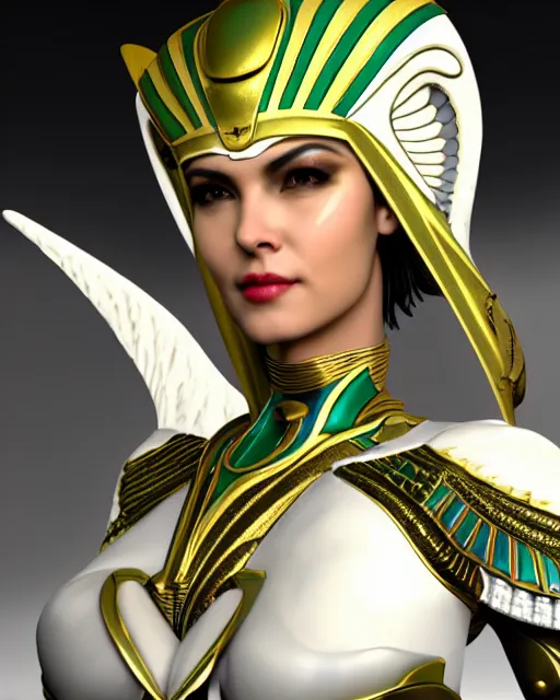 Prompt: smiling egyptian queen wearing white dove wings, warframe armor, regal, attractive, ornate, sultry, elize theron, pretty face, green eyes, scifi platform, 4 k, ultra realistic, epic lighting, illuminated, cinematic, black gold, art by akihito tsukushi, voidstar