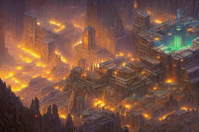 Image similar to an intricate matte painting of an epic galactic isometric megadungeon map played by the gods , highly detailed iridescent dimly lit exterior with shafts of iridescent light bouncing off magical realms, by Christophe Vacher and Bastien Lecouffe-Deharme, trending on artstation