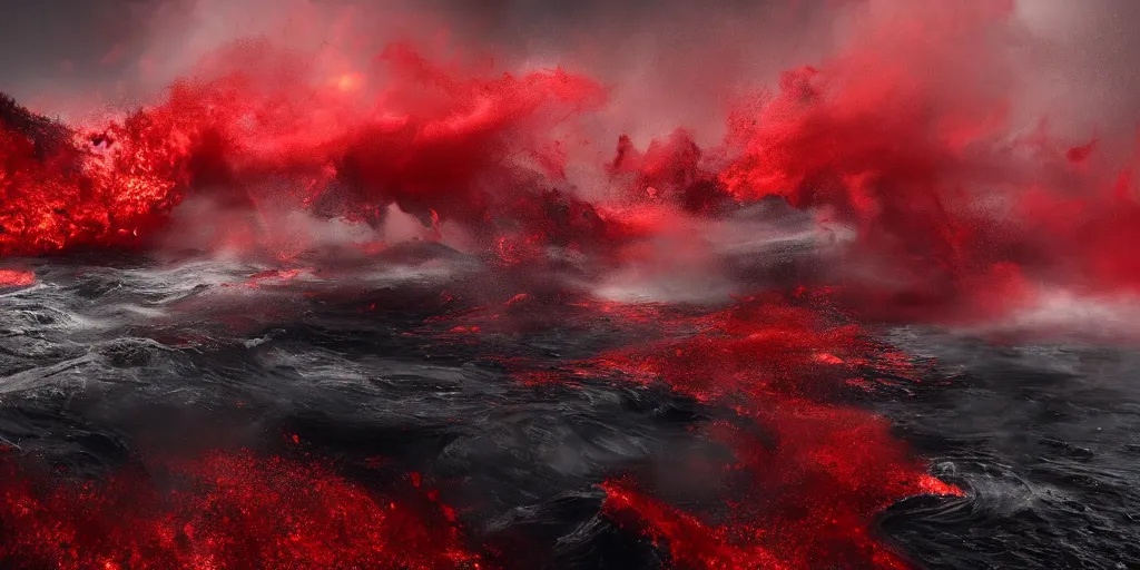 Image similar to a churning, boiling, fiery red sea with lots of smoky black and red steam, fantasy digital art, octane render, beautiful composition, trending on artstation, award-winning photograph, masterpiece