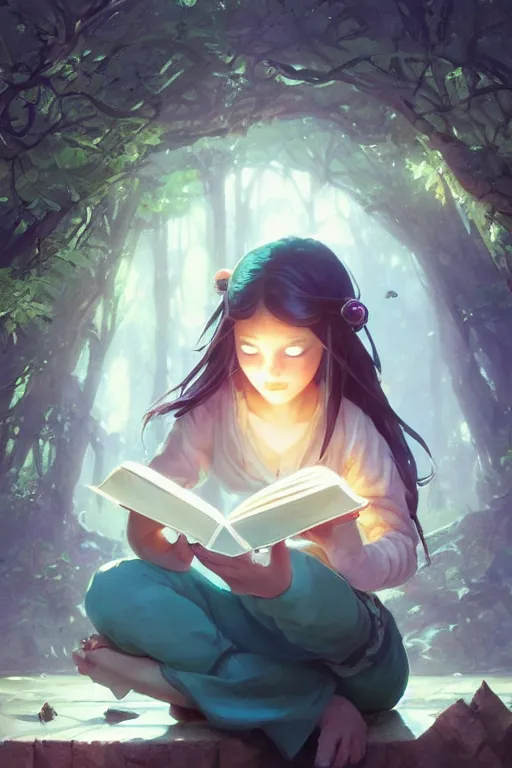 Image similar to highly detailed portrait of beautiful girl reading a book in avatar, dynamic pose, stephen bliss, unreal engine, fantasy art by greg rutkowski, loish, rhads, ferdinand knab, makoto shinkai and lois van baarle, ilya kuvshinov, rossdraws, tom bagshaw, global illumination, radiant light, detailed and intricate environment