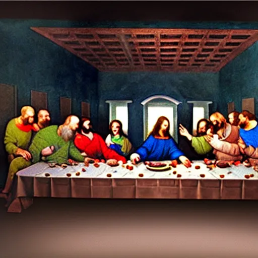 Image similar to in a space technology museum, a futuristic hologram art of The Last Supper by Leonardo Da Vinci