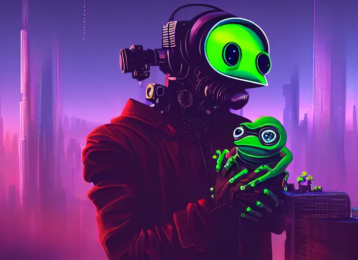 Image similar to cyberpunk pepe the frog, futuristic city, computers, dylan kowalski, marat zakirov, albert ramon puig, trending on artstation, 8 k