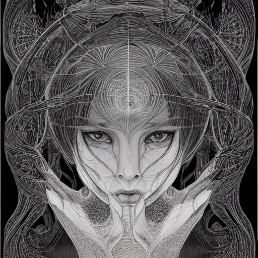 Prompt: holographic interface painted in alex grey and cameron gray style drawn by takato yamamoto, inspired by ooioo, intricate 3 d sculpture, black and white, 3 d, high detail, sharp high detail, artstation, octane