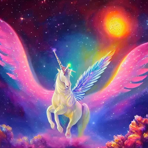 Image similar to an unicorn with wings eating in a field of marijuana, a nebula is in the sky, oil painting, fantasy art, concept art, highly detailed, photorealistic, high quality, 8 k, masterpiece