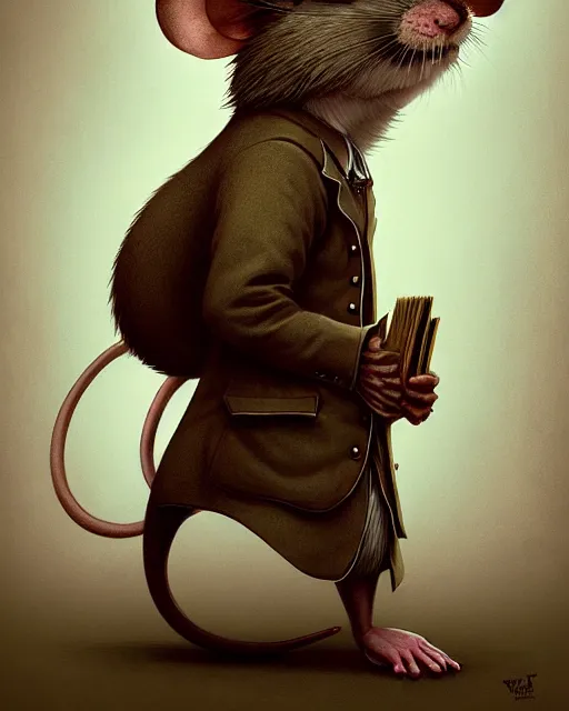 Prompt: anthropomorphic art of a detective mouse, victorian inspired clothing by artgerm, victo ngai, ryohei hase, artstation. fractal papersand books. highly detailed digital painting, smooth, global illumination, fantasy art by greg rutkowsky, karl spitzweg